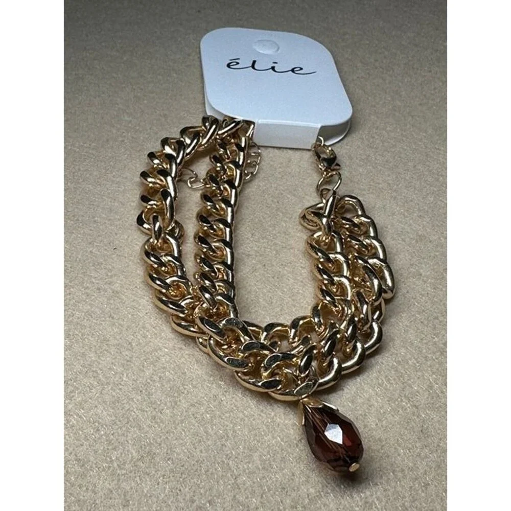 élie Gold Chunky Chain Bracelet Brown Teardrop Charm NWT New Boho Jewelry Gift